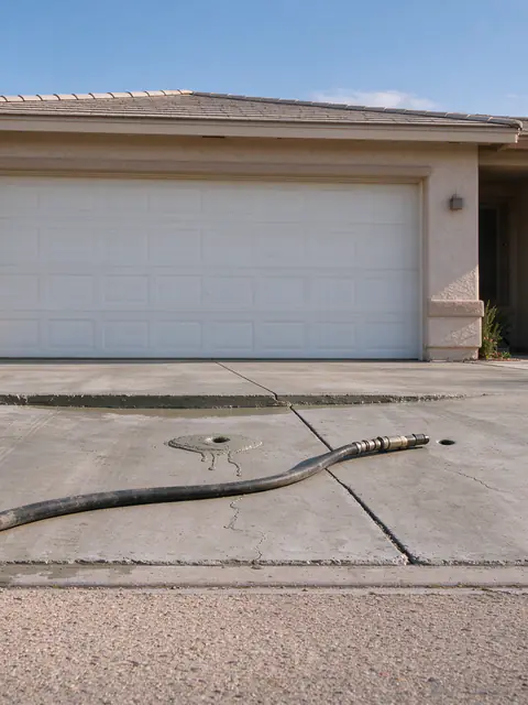 Mudjacking hose seated in one of a row of small drilled holes in a sunken Phoenix driveway panel, slurry welled up at the first hole
