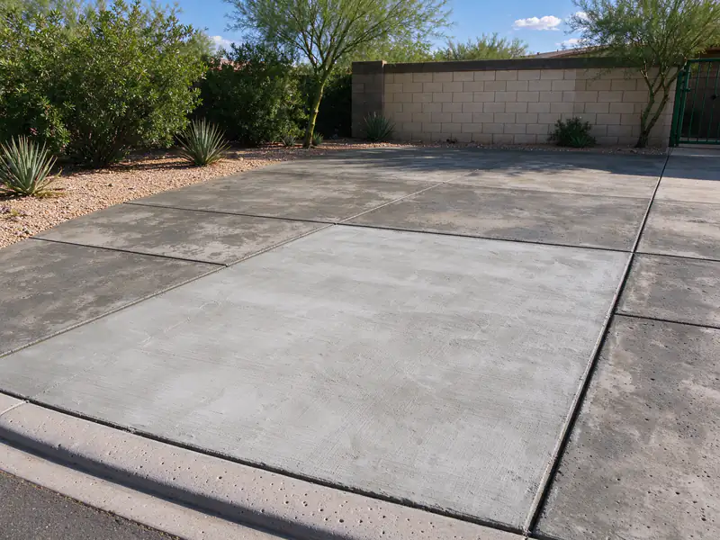 New broom-finished concrete panel set between older driveway panels in Phoenix, lighter in color than the old concrete
