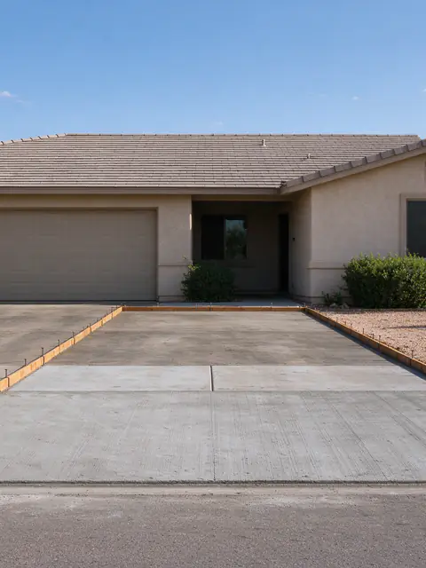 New concrete driveway apron between the sidewalk and roll curb in Phoenix with forms still in place