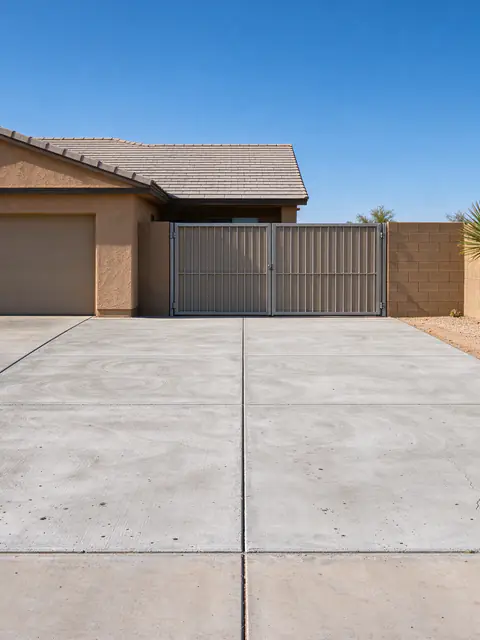 New concrete RV pad beside a driveway leading to a side-yard gate in Peoria