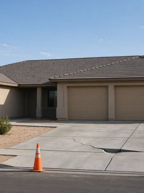 Newer Gilbert house with a three-car concrete driveway showing a crack and a raised joint