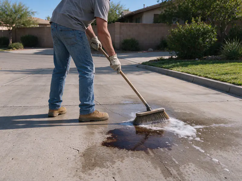 Oil stain being scrubbed from a Tempe concrete driveway before sealing