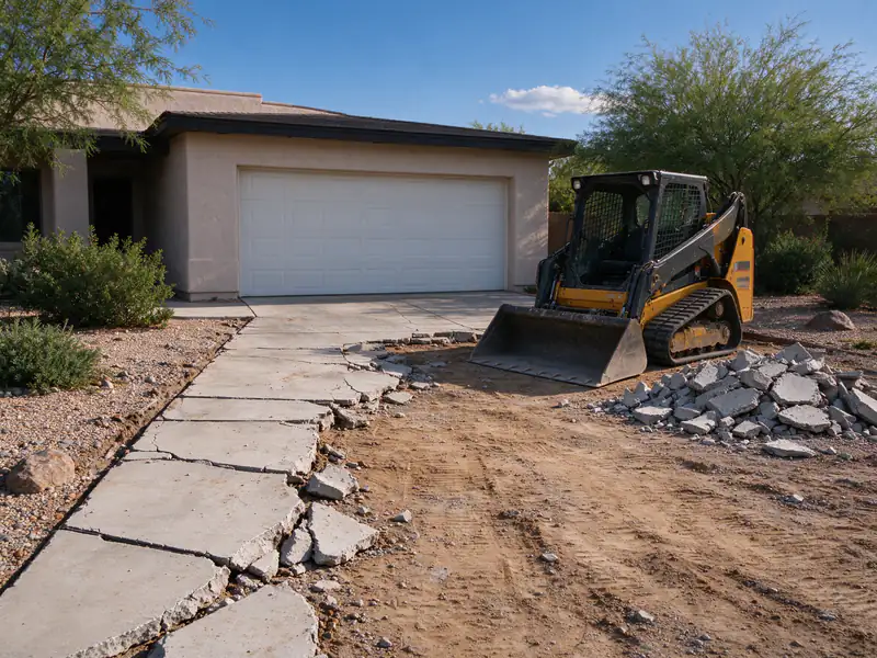 Old concrete driveway broken up and partly removed beside a parked skid steer in Gilbert