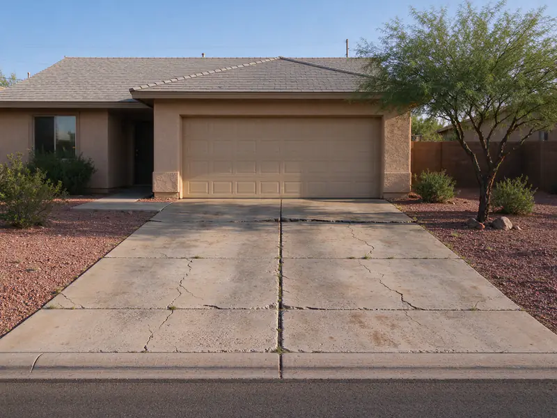 Old cracked and sunken concrete driveway at a Mesa ranch house