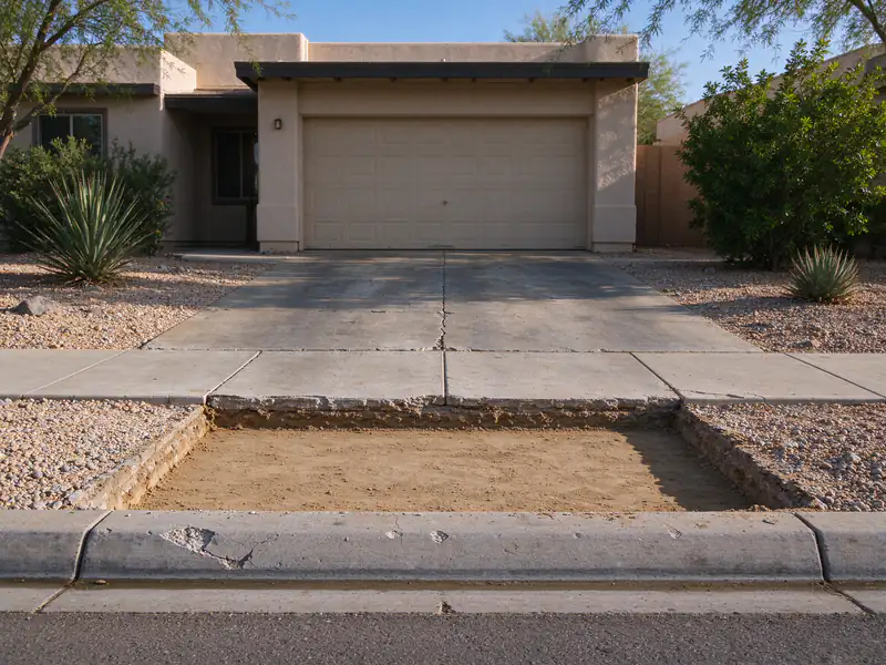 Old driveway apron removed down to the base between the sidewalk and roll curb in Phoenix