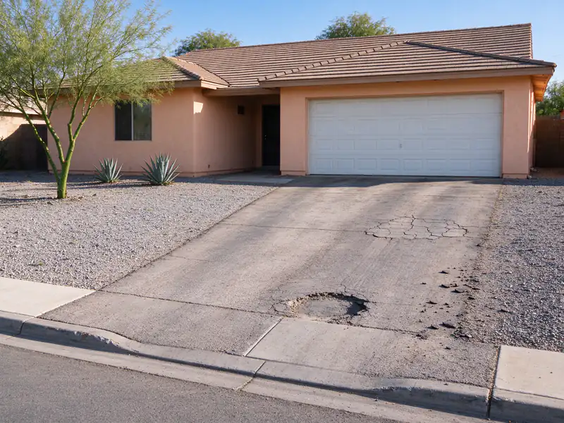 Oxidized asphalt driveway in Phoenix with alligator cracking and a pothole