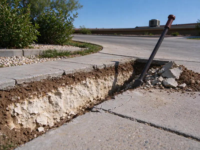 Pale caliche layer exposed in a shallow excavation beside a driveway in Surprise