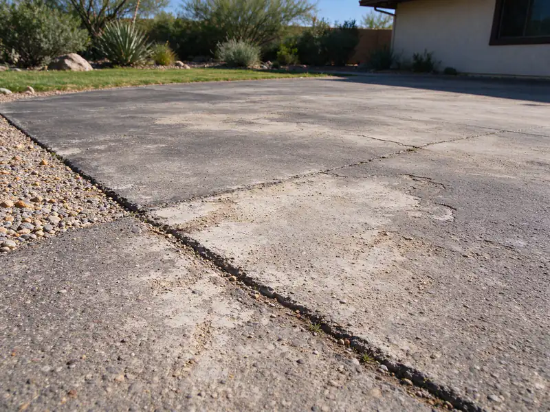 Pale, raveling oxidized asphalt surface on a Peoria driveway before sealcoating