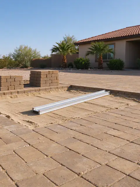 Paver driveway in Scottsdale with a section lifted to screeded sand bedding and the pavers stacked beside it