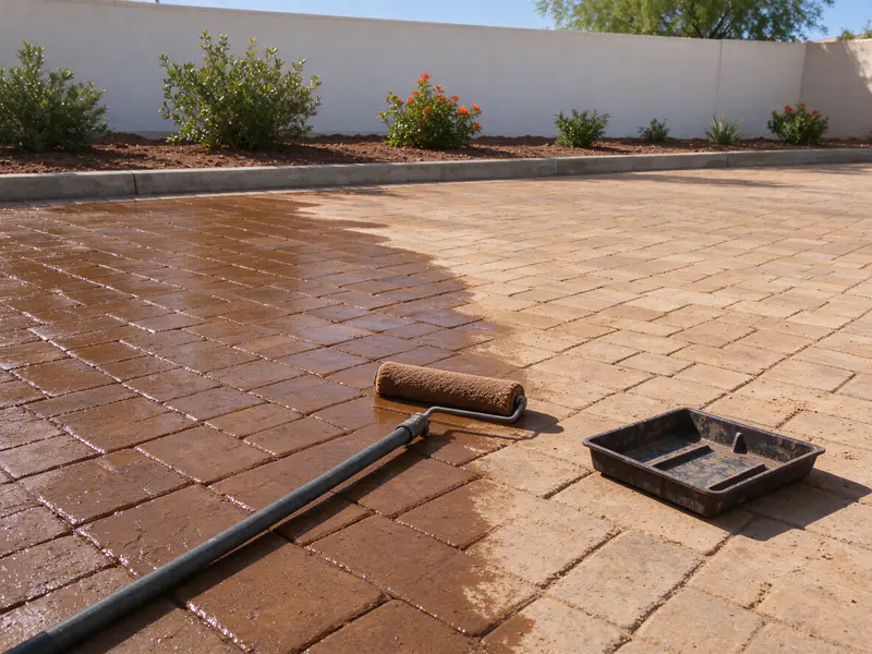 Paver driveway in Tempe half sealed, the sealed pavers richer in color