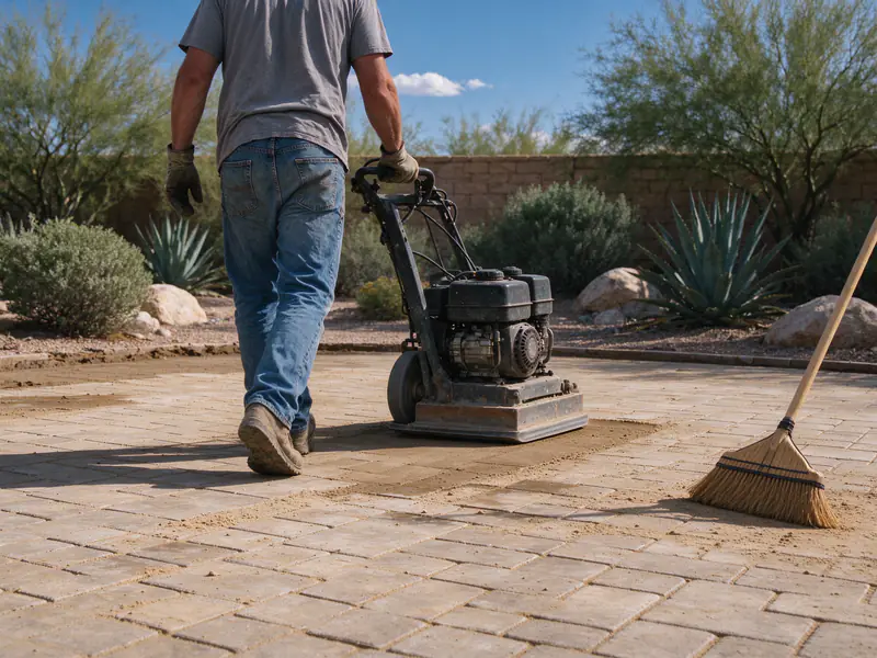 Plate compactor settling reset pavers with joint sand in a Scottsdale driveway