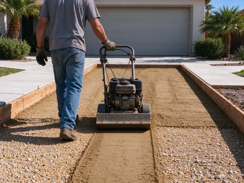 Plate compactor working the aggregate base inside driveway forms in Gilbert