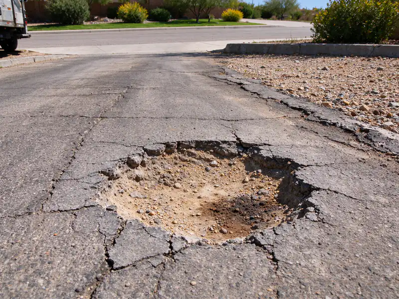 Pothole with washed-out base and raveled edges at the end of an asphalt driveway in Glendale