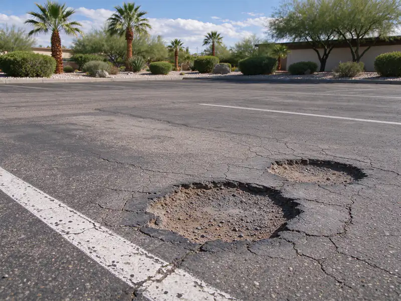 Potholes and alligator cracking in an older Glendale parking lot drive aisle