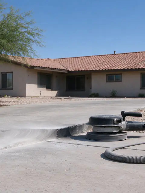 Raised concrete edge at a Phoenix driveway partly ground to a bevel, with a shrouded grinder and shop vacuum beside it