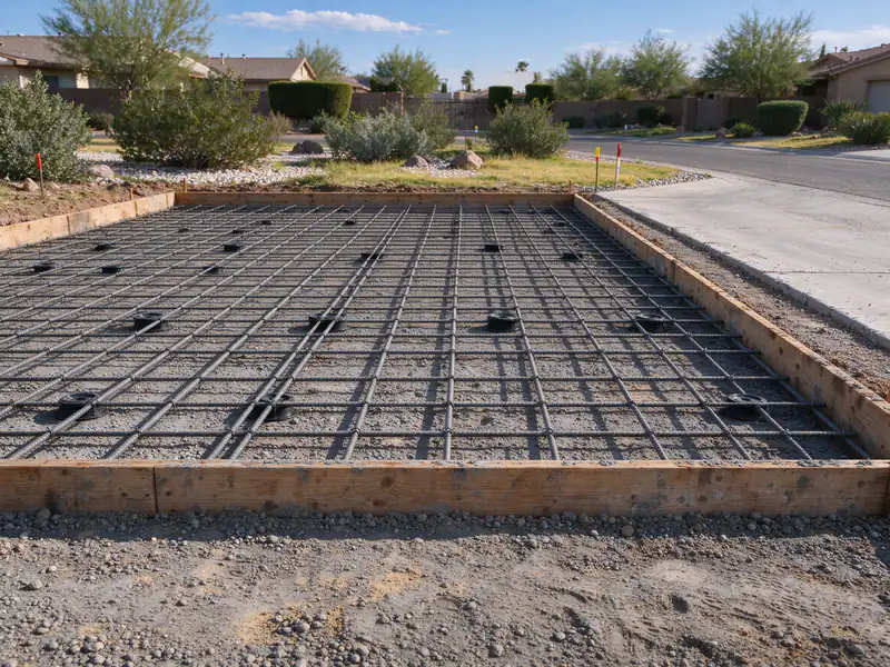 Rebar on chairs inside the forms for a concrete RV pad in Peoria