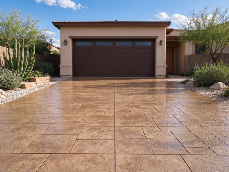 Resealed stamped concrete driveway in Scottsdale with even color