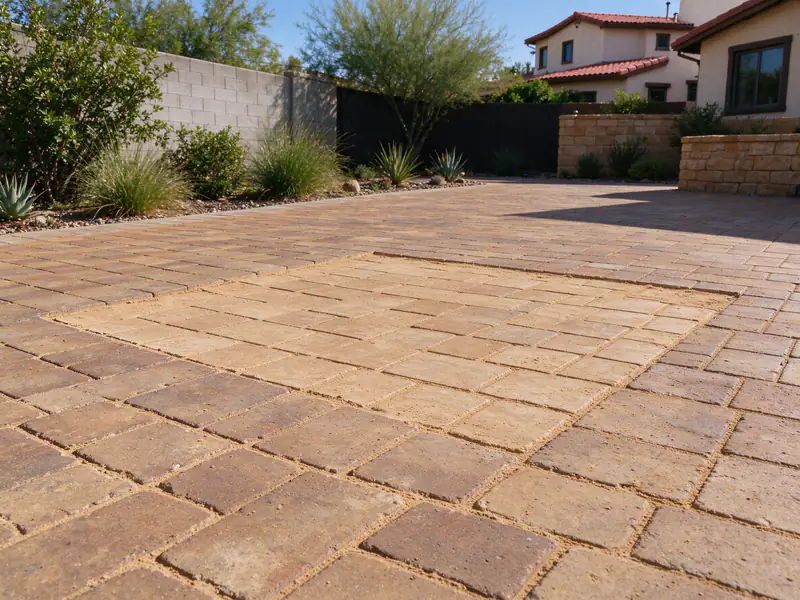 Reset section of a Scottsdale paver driveway sitting level with the rest, joints filled with sand
