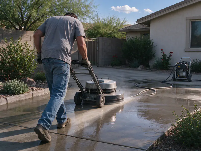 Rotary surface cleaner preparing a concrete driveway in Mesa for resurfacing