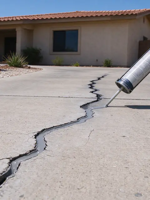Routed crack in a Chandler concrete driveway being filled with gray polyurethane sealant