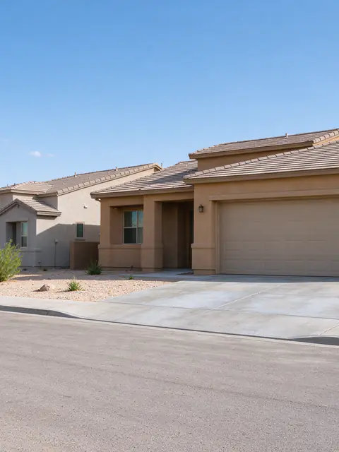 Row of newer stucco homes in Surprise with a concrete driveway that has one replaced panel
