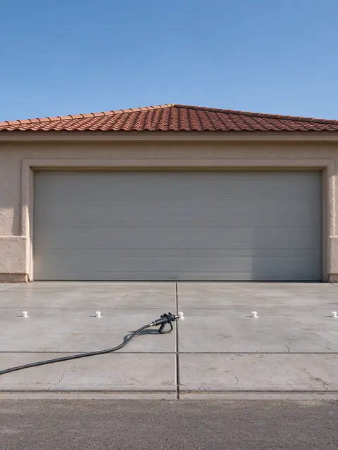 Row of small foam injection ports in a settled concrete driveway panel in Tempe