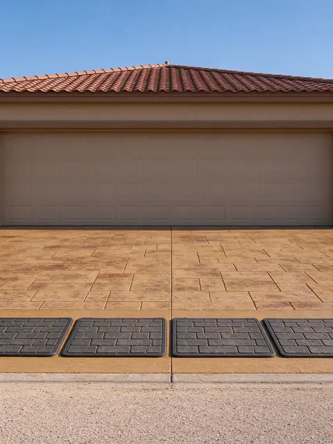 Rubber texture mats laid on a tan ashlar-pattern stamped concrete driveway in Scottsdale