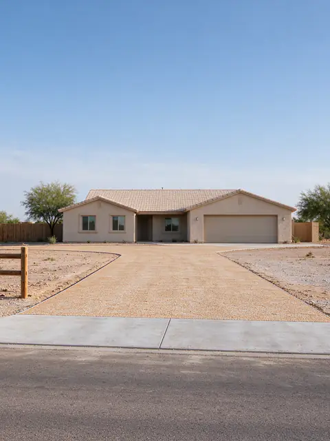 Rural Queen Creek lot with a long gravel driveway and a short concrete apron at the road
