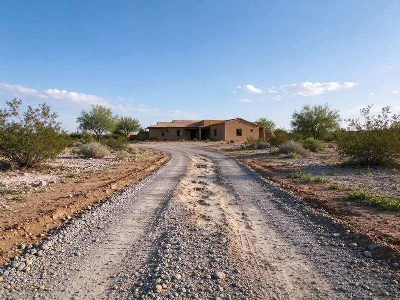 Rutted, washed-out gravel driveway on a rural lot in Queen Creek