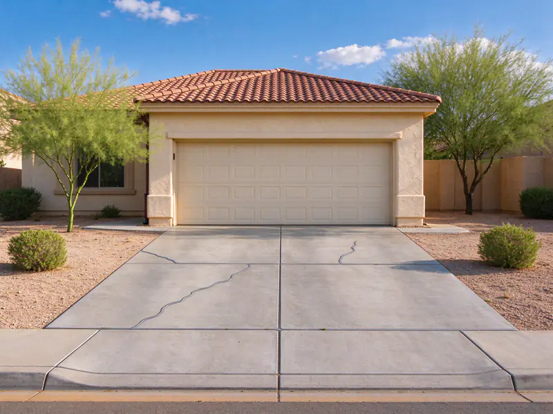 Same Chandler driveway with the three cracks routed and sealed as gray lines