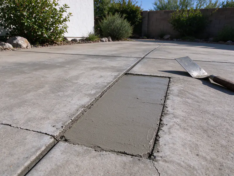 Saw-cut partial-depth patch filled with gray repair mortar along a concrete driveway joint in Phoenix