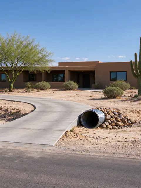 Scottsdale desert-lot driveway crossing a dry wash over a corrugated culvert pipe
