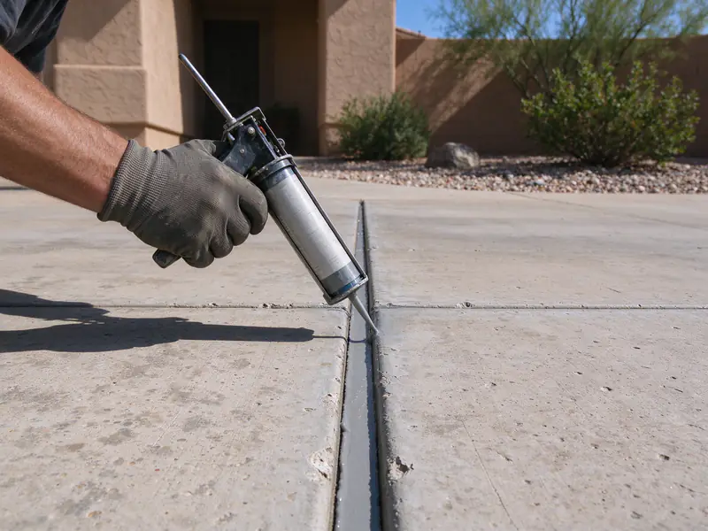 Self-leveling sealant being applied to a driveway expansion joint in Chandler