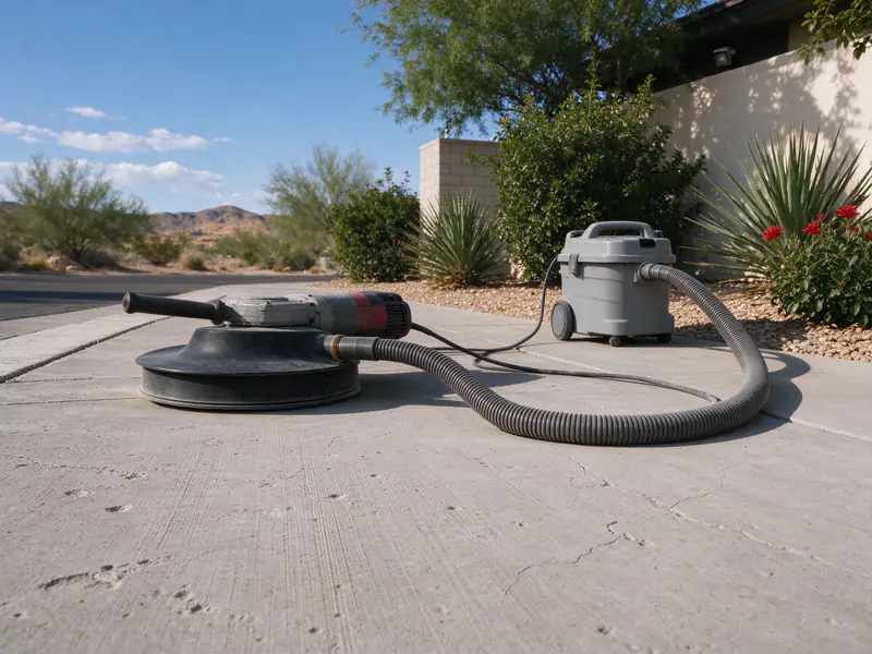 Shrouded grinder and shop vacuum beside a partly ground slab edge in Phoenix