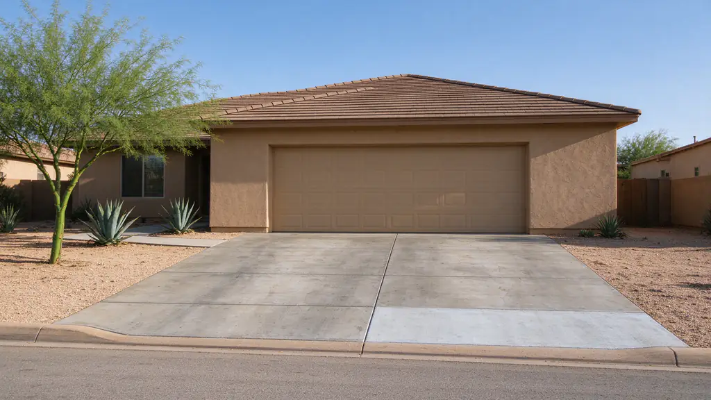 Single-story stucco ranch house in Phoenix with a concrete driveway where one panel near the curb has been replaced