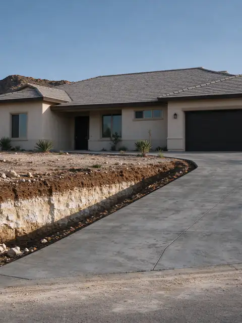 Sloped north Peoria driveway with a pale caliche layer exposed in an excavation beside it