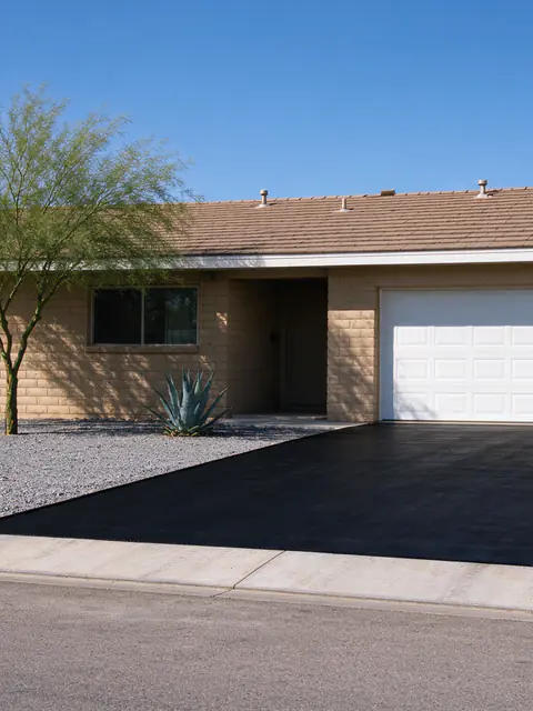 Slump-block ranch house in Glendale with a freshly sealcoated asphalt driveway