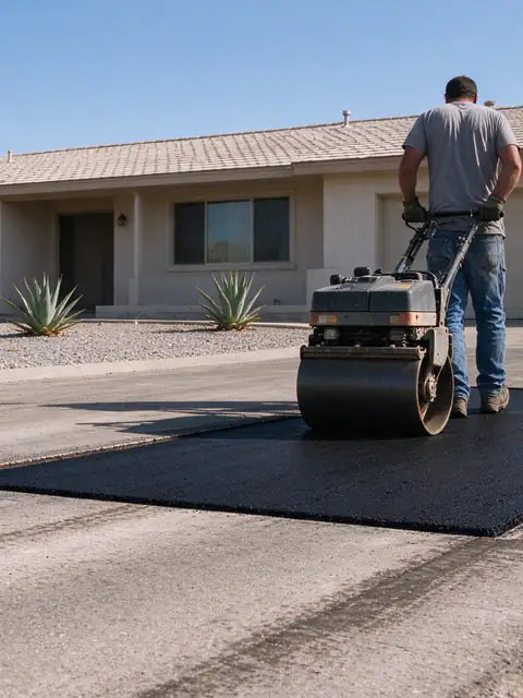Small roller compacting a fresh saw-cut asphalt patch in an older gray asphalt driveway in Glendale