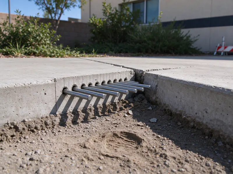 Steel dowel bars set in the edge of a commercial concrete slab before a repair pour in Tempe