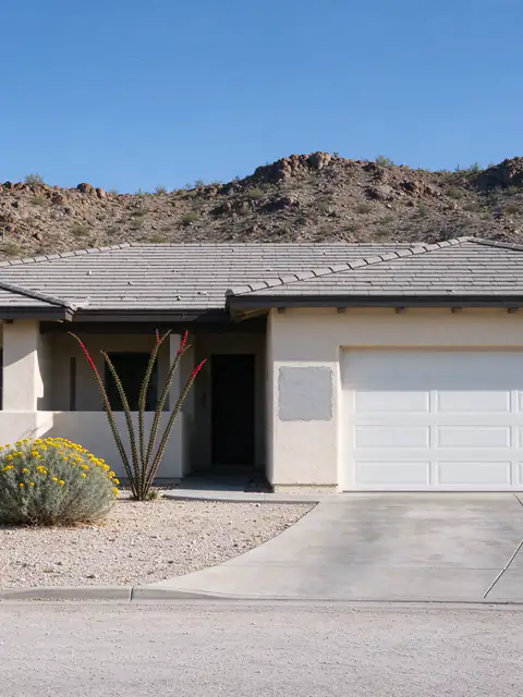 Stucco ranch house below the rocky South Mountain foothills in south Phoenix with a sloped concrete driveway