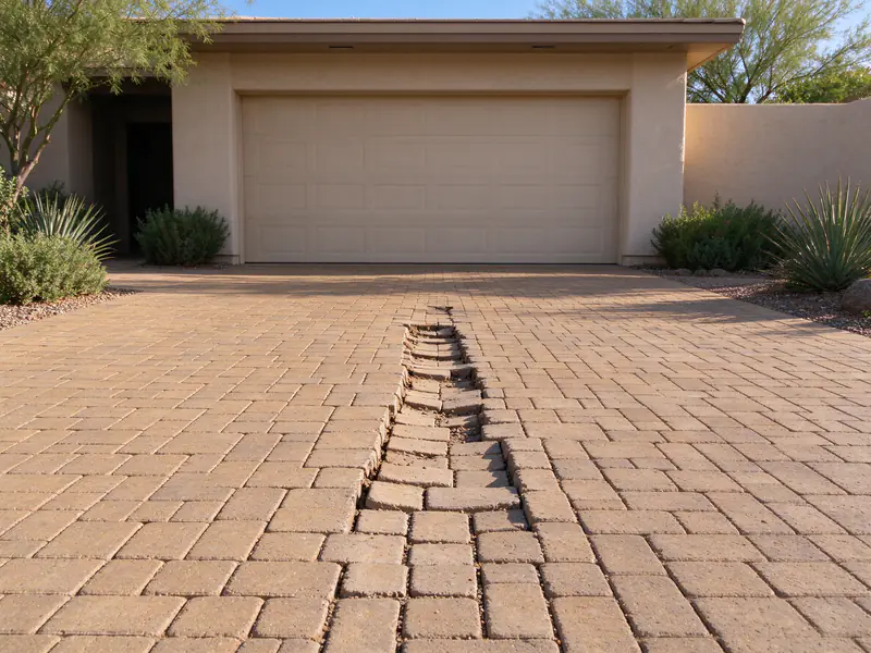 Sunken band of displaced pavers in the wheel path of a Scottsdale paver driveway