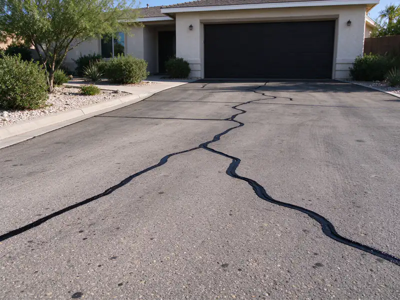 Swept asphalt driveway in Peoria with cracks filled before sealcoating