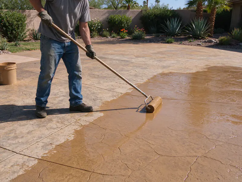 Tinted sealer being rolled onto a faded stamped driveway in Scottsdale