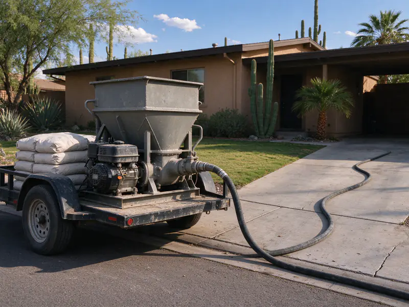 Trailer-mounted mudjacking pump with a hose running up a driveway in Phoenix