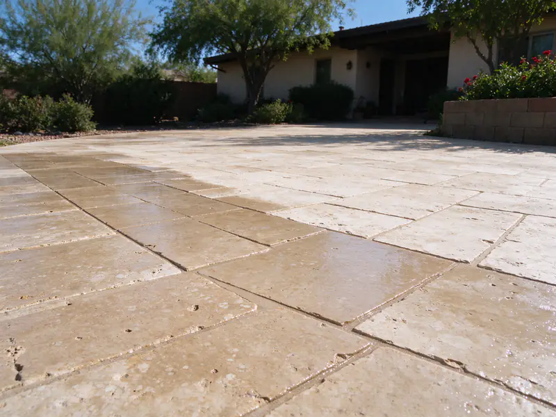 Travertine paver driveway in Tempe partly coated with fresh sealer
