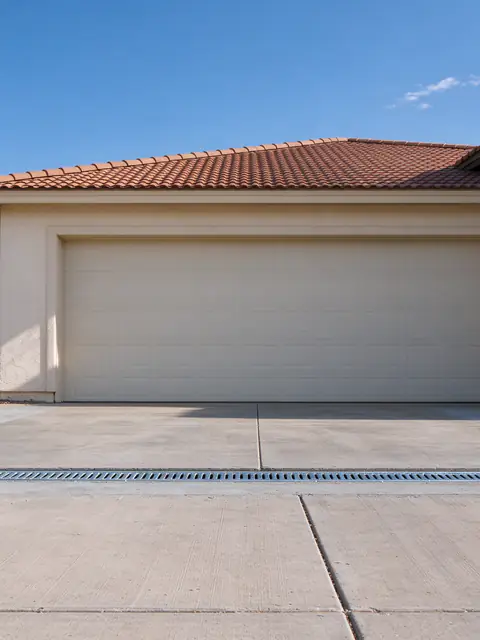 Trench drain set flush across a concrete driveway in front of a garage in Gilbert