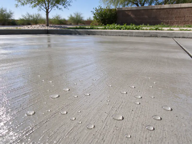 Water beading on a sealed concrete driveway surface in Tempe