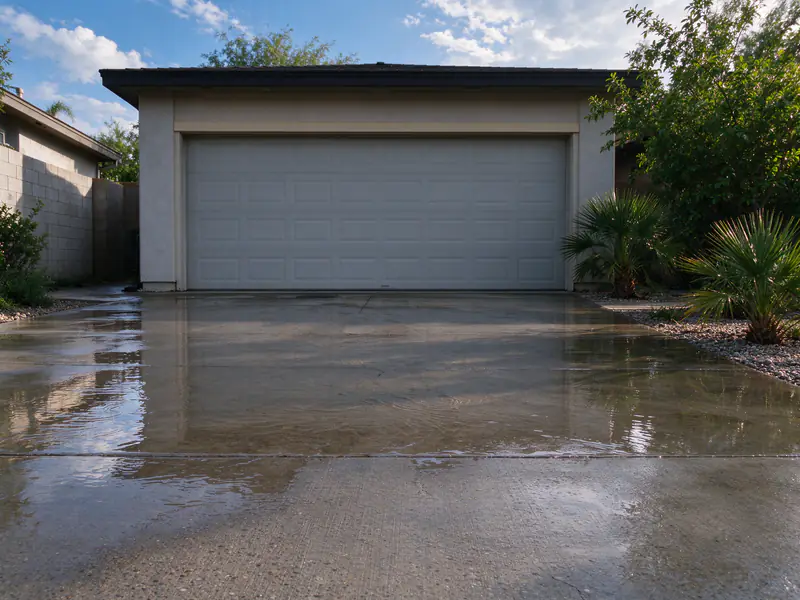 Water ponding against a garage door at the low end of a concrete driveway in Gilbert