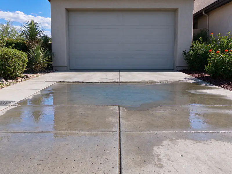 Water pooled on a sunken concrete driveway panel at a garage door in Phoenix after a storm