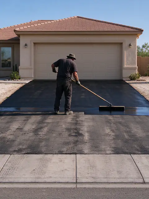 Wet black sealcoat being spread with a squeegee across an oxidized asphalt driveway in Peoria